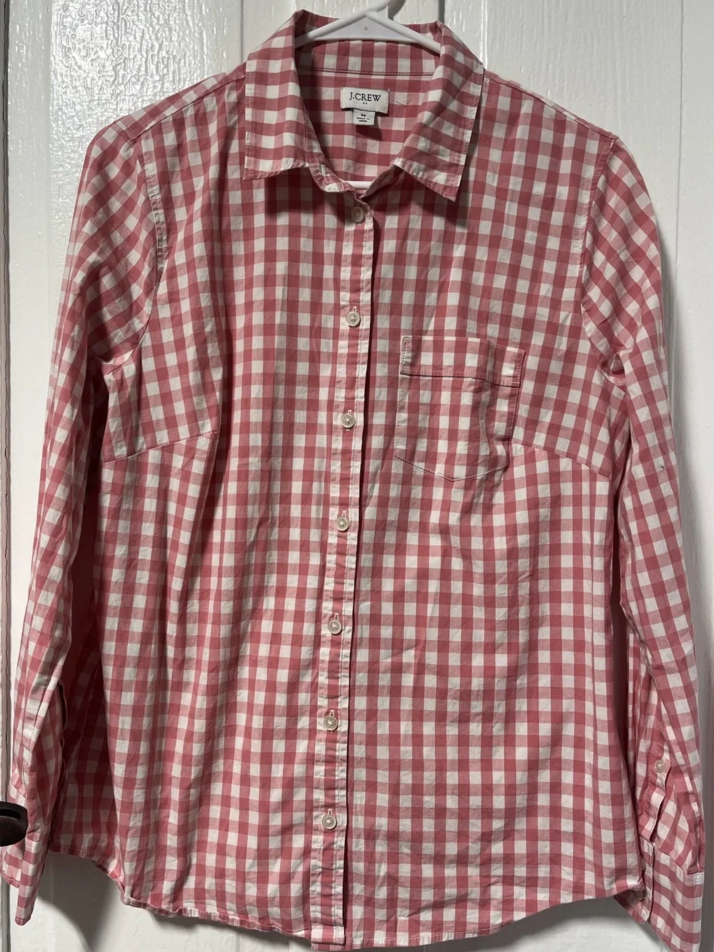 J Crew Button Down Pink & White Gingham cotton poplin shirt size Medium